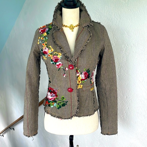 Paparazzi Floral Houndstooth Plaid Embroidered Blazer Jacket Small - Picture 1 of 10